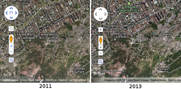 Mapa do Google em 2011 e 2013: favelas desaparecem